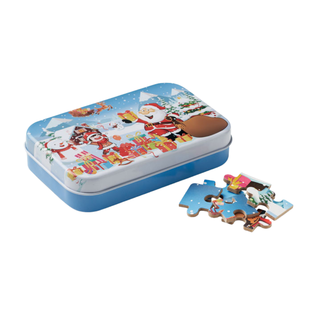 Fából készült karácsonyi puzzle fém ajándékdobozban